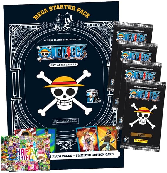 Bundle with Panini One Piece Cards - Anniversary Trading Cards (2025) - 1 Starter + 4 Boosters + Exclusive Birthday Card