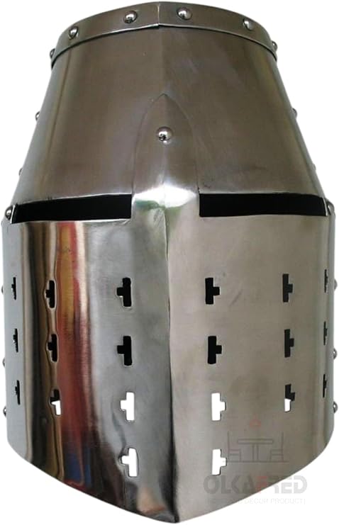 Medieval Crusader Helmet Steel with Shiny Finish, Inner Leather Liner, Authentic Knight's - Included Padded Cap and Helmet Stand