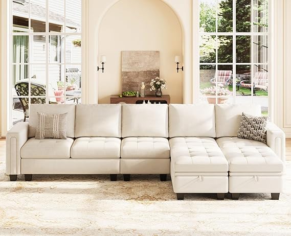 Belffin Large Velvet L Shaped Sectional Sofa Couch with Reversible Double Chaises Modular Sectional Sofa Couch with Storage Ottomans Convertible Sectional Sofa Beige