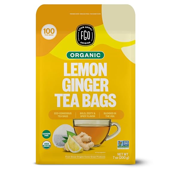 FGO Organic Lemon Ginger Tea, 100 Count, Eco-Conscious Tea Bags, Resealable Bag, Caffeine Free, Packaging May Vary (Pack of 1)