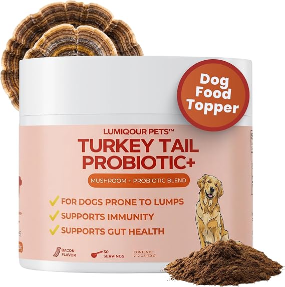 Turkey Tail Mushroom for Dogs Turkey Tail Mushroom Powder with Probiotics for Immune and Digestive Support, Supports Lumps and Bumps, Bacon Flavored Daily Dog Supplement