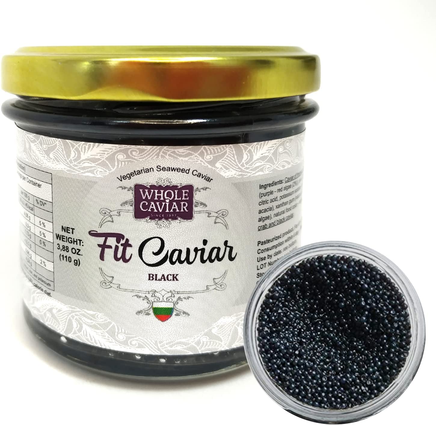 Black Caviar - Vegetarian Seaweed Caviar from Salmon Roe for Pescetarians - Kelp &amp; Seaweed Caviar - Best Caviar for Sushi - Russian Style - Fit Caviar - 110 gr - Glass Jar
