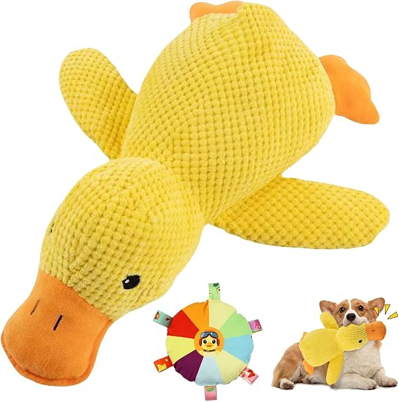 Calming Duck Toy with Flying Disc for Dog Squeaky Interactive Plush Chew Toy for Teeth Cleaning Soft Stuffed Calming Yellow Duck Toy for Anxious Dogs Pet Calming Pillow For Small Medium Dogs (Medium)