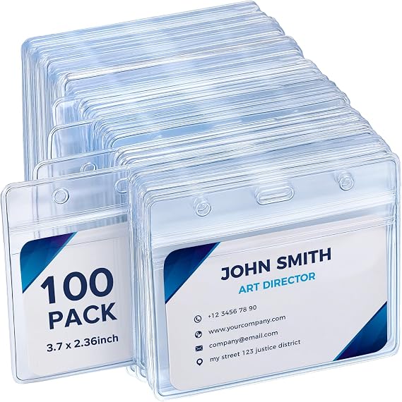 100 Pack Horizontal Badge Holder Plastic Clear ID Card Holder Waterproof Name Tag Holders with Resealable Zip