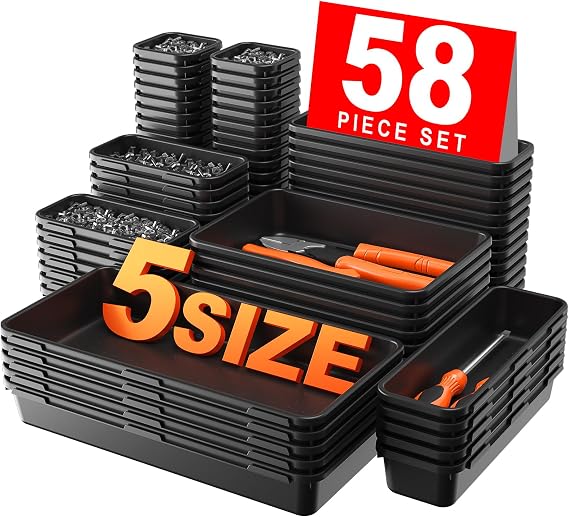 A-LuGei 【𝟱𝟴𝗣𝗰𝘀】 【𝟱 𝗦𝗶𝘇𝗲】 Tool Box Organiser Tray Divider Set, 【Black】 Desk Drawer Organisers, Garage Organisation and Storage Toolbox Accessories Rolling Tool Chest Cart Cabinet WorkBench