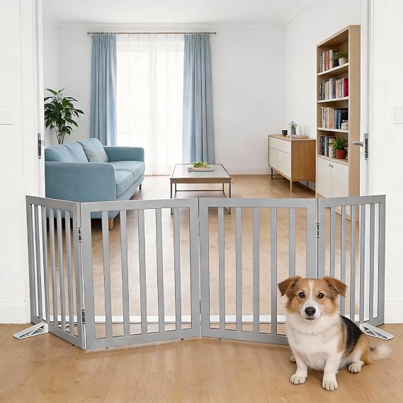 Dog Gate Indoor, Freestanding Dog Fence for The House, Doorways, Hallways,or Stairs,Pet Gate Foldable Wooden,Expandable 24" Height 4 Panels,Grey