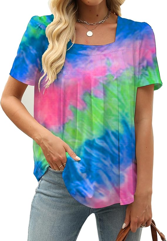 Womens Summer Short Sleeve Tunic Top Casual Puff Sleeve Square Neck T Shirts for Leggings