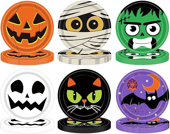 48 PCS Halloween Paper Plates 7 Inch, Disposable Party Plates with Cat Ghost Pumpkin Bat Pattern Dinner Cake Dessert Plate for Halloween Party Decorations
