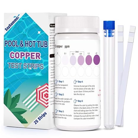 Copper Test Strips for Pool Water: 25 Counts Pool Copper Test Kit for Testing Range 0-2 ppm Copper in Swimming Pool Hot-Tub Spa - Pool Metal Test Kit for Above-Ground and Inground Pool Testing Copper