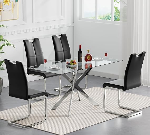 Henf 5 Piece Dining Table Set for 4, 51in Rectangle Dining Table and 4 Pcs PU Dining Chairs Set, Glass Dining Room Table w/Metal Legs, Glass Kitchen Table and Chair Set for 4 (Silver&Black, 5 PCS)