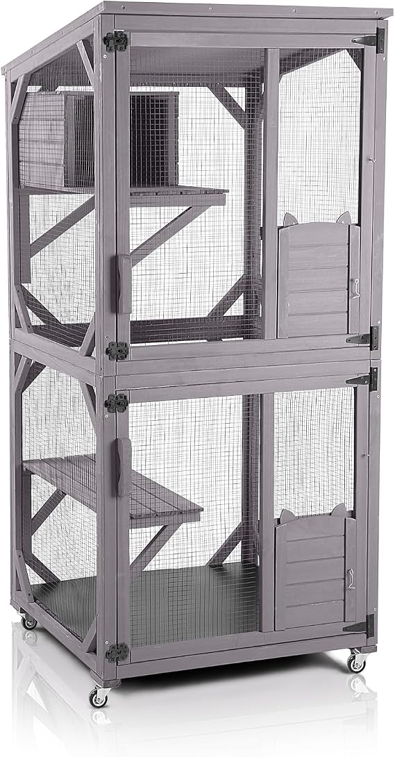 GUTINNEEN Cat House Outdoor Cage Cat Enclosure on Wheels,Large Wooden Kitty Catio with Resting Box,PVC Layer