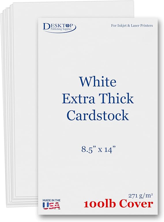 50 Sheets - Extra Thick 8.5" x 14" Cardstock for Inkjet or Laser Printers - 100lb Cover 271 gsm Heavy Printer Paper - Matte Finish White - Great for Cards, Menu's, Posters, Covers