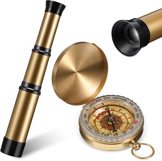 2 Pieces Pirate Spyglass Handheld Telescope with Survival Gear Compass Pocket Retro Spyglass Portable Collapsible Handheld Kids Telescope for Children Pirate Cosplay Party Favors Camping Boating
