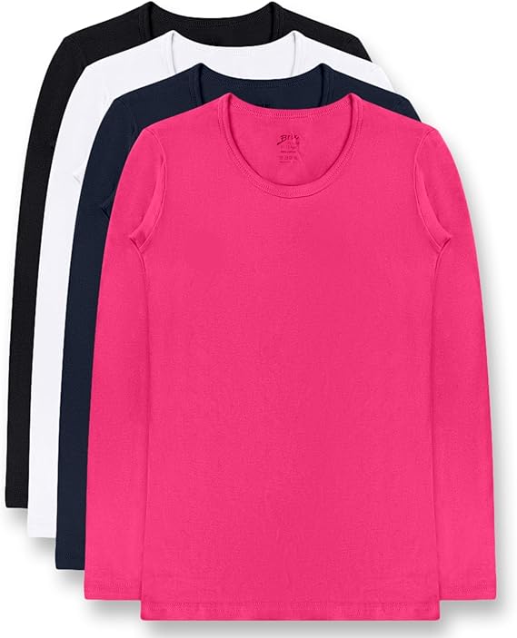 Brix Girls' Long Sleeve Tees - 100% Cotton Tagless 4 -Pack Crew Neck Super Soft Cotton T Shirts.