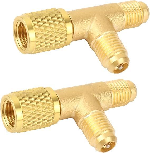 Quick Coupler Access Tee, 1/4 Inch SAE Valves Core Tee Adapter, 2 Pcs | Brass, Refrigerant for R22 R12 R134, Gauge Deep Vacuum Pump Manifold, Air Conditioning Parts, 360 Rotatable Gauge Interfacs