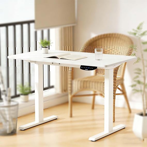 Height Adjustable Electric Standing Desk with Memory Presets, Sit to Stand Home Office Desk for Writing & Gaming - Modern White Design