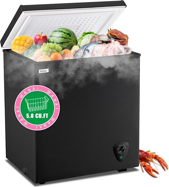 WANAI Chest Freezer 5.0 Cu.Ft Big Deep Freezer Top Door for Garage Black | Free-Standing Freezer with 2 Removable Baskets Adjustable 7 Thermostat Wheels & Adjustable Feet