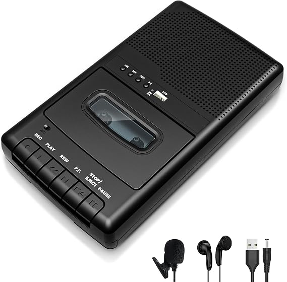 Portable Cassette Player Tape Recorder,Retro Shoebox Tape Recorder Style with Stand-Alone Microphone & Built-in Speaker,Cassette Tape Player with Headphone Jack,Retractable Handle (Black)