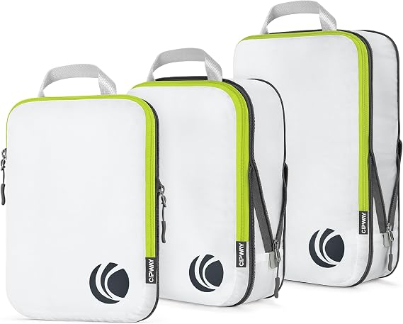 Cipway Compression Packing Cube, Ultralight Luggage Organizer Bag with Shoe Bag, Laundry Bag, Clear Bath Amenity Bag, Travel Essentials for Carry-on Suitcase White, 3PCS