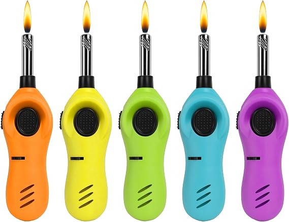 Mini Handy Candle Lighter with Extended Wand, Safety Lock, Butane Gas Refillable, Lighters for Candle Kitchen Stove Outdoor BBQ Grill Fireplace, 5 Pack (Butane Included) (5 Pack lighters)