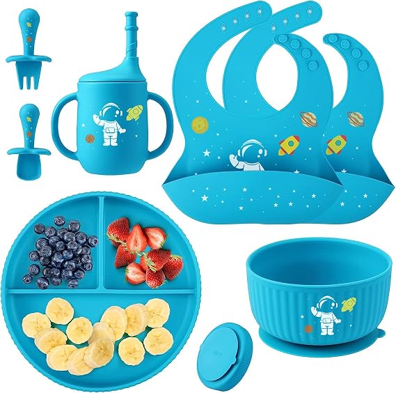 Baby Weaning Set with Pattern, Suction Bowls Sets, Silicone Baby Feeding Set, Baby Weaning Essentials with Adjustable Bib, Suction Plate, Cup, Spoon and Fork
