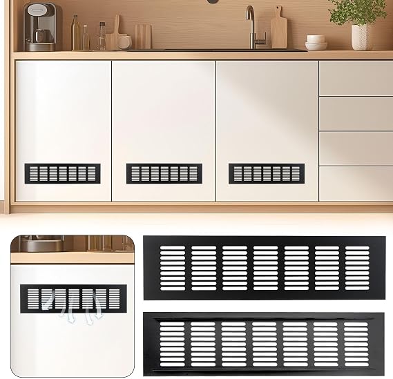 2 PCS Air Vents Grille Cover, Aluminium Alloy Ventilation Grille, 80x300mm Black Air Vent Cover for Kitchen Cupboards & Wardrobes, Metal Ventilation Panel for Cabinets, RVs, Fridge, Louvred