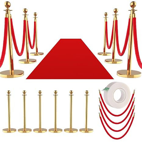 GarveeTech 12Pcs Stainless Steel Stanchion Posts with 5ft Red Velvet Ropes - Crowd Control Barriers & Queue Line Kit with 26ft Red Carpet for Wedding, Party, Theater Supplies
