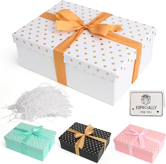 White Gift Boxes with Lids Large Gift Boxes for Presents Gold Dots | Foldable Present Boxes with Card, Shredded Paper, Ribbon for Valentines Day Christmas Birthday Anniversaries Weddings (White)