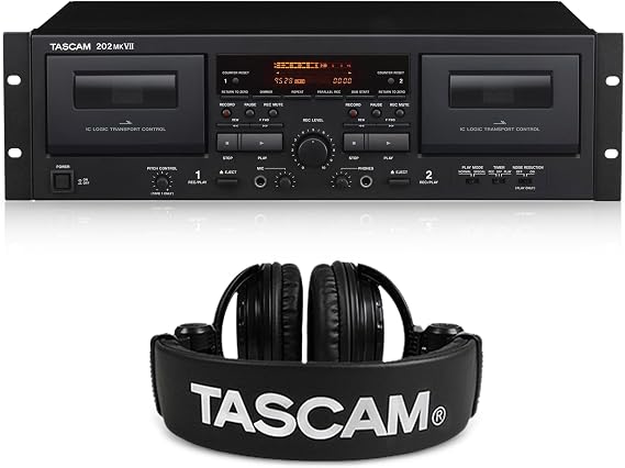 TASCAM 202MKVII Dual Cassette Deck Recorder and Studio Headphones