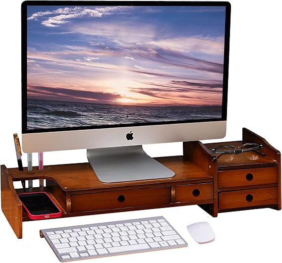 Sundale Outdoor WAYTRIM Bamboo Monitor Stand Riser with Drawer Computer Riser Desk Monitor Stand with Storage Organizer Speaker TV Laptop Printer Stand for Laptop Computer/TV/PC Antique Brown