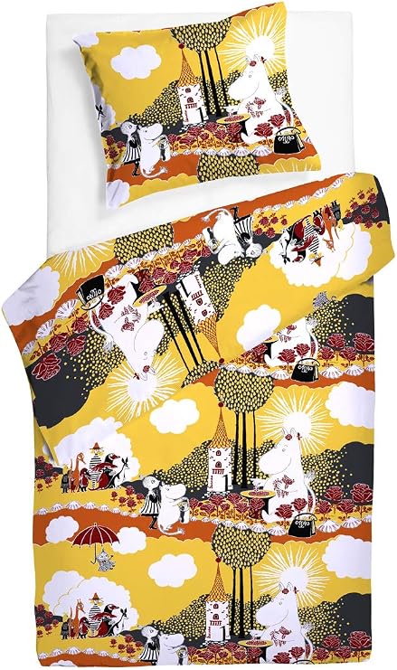 Moomin Duvet Cover Pillowcase Roses 120 x 160 cm Finlayson, Small Single, Red Yellow