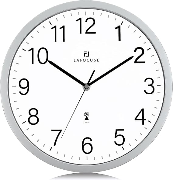 Lafocuse 12 Inch Analog Atomic Wall Clock Battery Operated, Modern Simpe Silver Wall Clocks for Living Room for Kitchen Office Bedroom