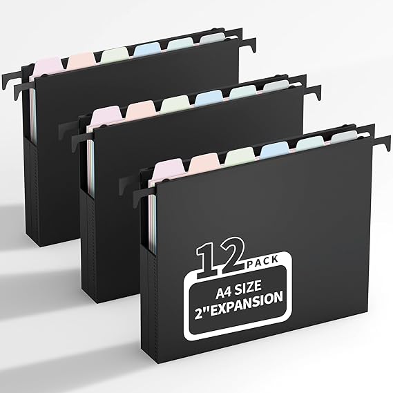 Uquelic A4 Hanging File Folders 12 Pack (5cm Extension) Large Capacity Hanging Files with Macaron Color PP Dividers and Tabs Hanging Folders for School Home Office Organization Black