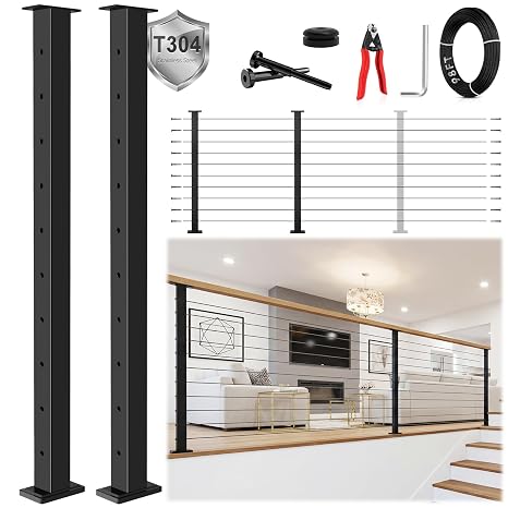 36" One-Stop Black Cable Railing Post Kits(Super Easy DIY), Include 2Pack Level Drilled Line Posts, 98ft Wire Rope, Complete Cable Railing System DIY Kit with Cutter(No Handrail)