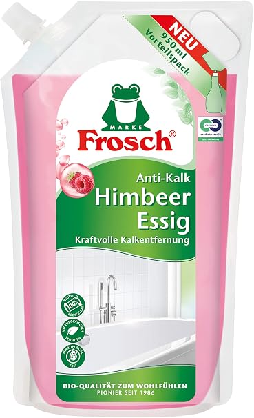 Frosch Himbeer-Essig Anti-Kalk Reiniger Kraft-Reiniger - extra stark gegen Schmutz und Kalk für Küche und Bad im Nachfüllbeutel 1er Pack (1 x 950 ml)