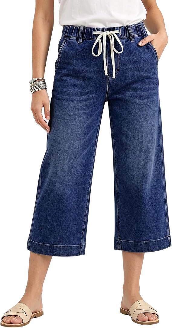 Vetinee Capri Jeans for Women Wide Leg Pull On Elastic High Waisted Straight Leg Pants Drawstring Stretch Denim Capris
