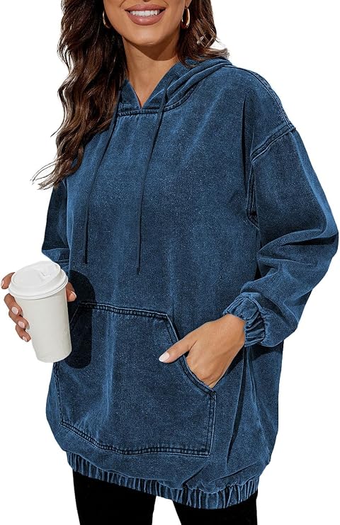 Women's Denim Hoodie Long Sleeve Pullover Sweatshirts Jean Jacket with Pockets
