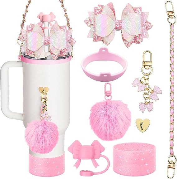 7PCS Stanley Cup Accessories Set I Water Bottle Handle Strap,Silicone Cup Boot, Keychain Charms & 3 Pcs Handle Charms,Straw Topper Accessories for 40oz & 30oz Stanley Tumbler (Pink)