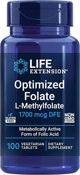 Life Extension Optimized Folate L-methylfolate Heart & Brain Support, Healthy Homocysteine Levels Non-GMO, Gluten-Free, Vegetarian 1700 mcg DFE, 100 Vegetarian Tablets