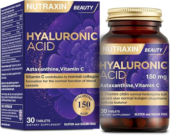 Nutraxin Hyaluronic Acid – Hyalüronik Asit, C Vitamini ve Astaksantin İçeren Tablet – 30 Tablet – Alerjen İçermez