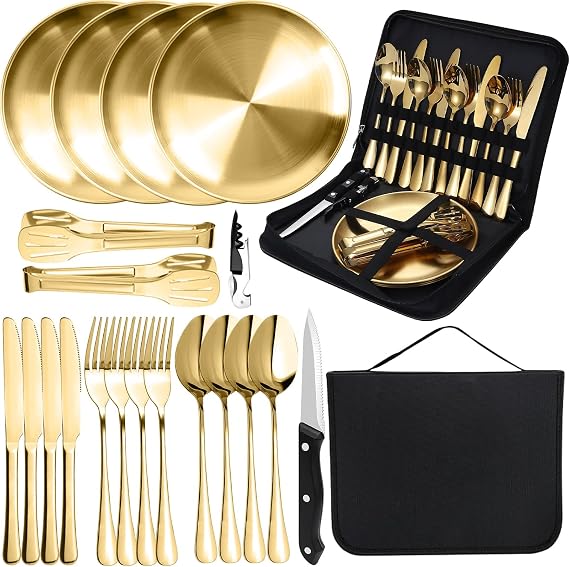 20Pcs Camping Cutlery Set for 4 Person,Portable Tableware Set for Hiking,Gold Food-Grade Stainless Steel,Picnic Utensils Set with Spoons Forks Knife Clip Plate,Case with Zipper Pouch