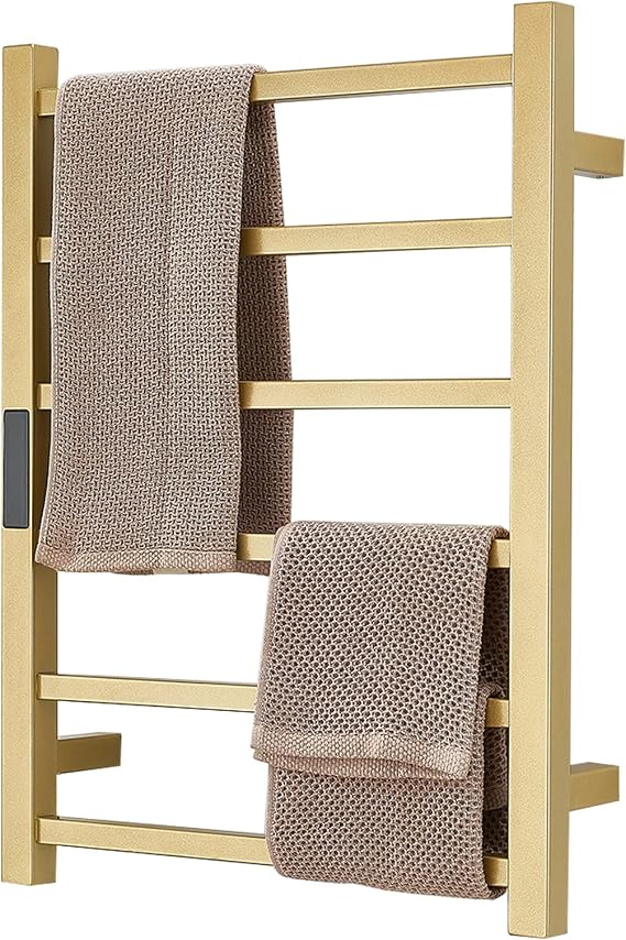 Gold Heated Towel Warmer Rack Bathroom Accessories, Wall Mounted Electric Heated Towel Rail 6 Bars Stainless Steel Electric Drying Racks with Timer, Home Towel Warmer Radiator, Hardwired