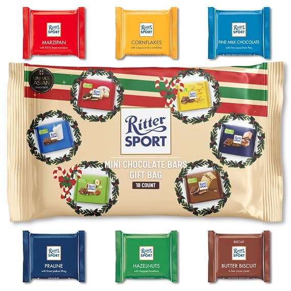 Ritter Sport Mini Chocolate Bars, 6 Assorted Flavors with 18 Count, Cornflakes, Praline, Marzipan, Butter Biscuit, Chopped Hazelnut and Alpine Milk, Gift Pack