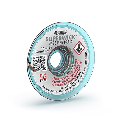 MG Chemicals - 423 Desoldering Braid #1 Fine Braid Super Wick with RMA Flux, 5' Length x 0.025" Width , White