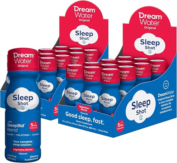 Dream Water Sleep Aid Supplement Drink; Melatonin 5mg, GABA, 5-HTP; Zero Sugar, Natural Flavors, No Added Colors, 2.5 oz Liquid Sleep Shots, Nighttime Nectar, 24-Count