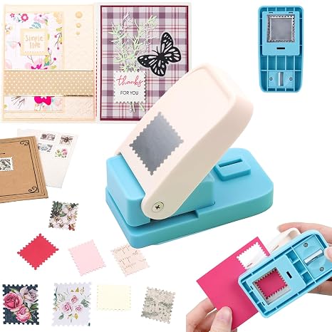 1x1 Inch Square Postage Stamp Puncher | Scalloped Rectangle Lever Action Paper Punch for Crafting, Scrapbooking, DIY Card Making, Arts & Crafts Supplies