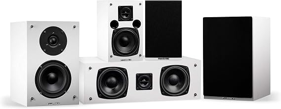 Fluance Elite High Definition Compact Surround Sound Home Theater 5.0 Channel Speaker System Including 2-Way Bookshelf, Center Channel and Rear Surround Speakers - White (SX50WHC)