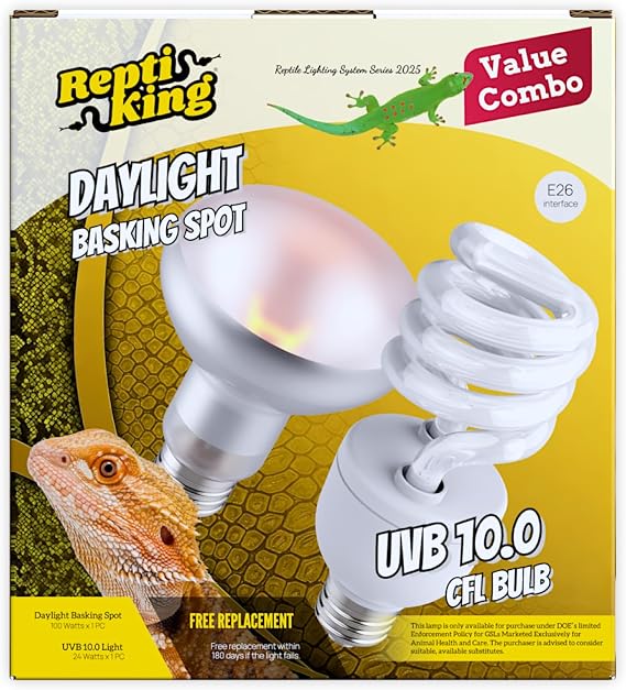 Reptile 100W Basking Spot Bulb & 10.0 24W UVA UVB Bulb Combo Dual Pack Heat Lamp Bulbs for Reptiles & Amphibians, Heat Lamp for Bearded Dragons, Turtles, Tortoises, Snake Tank Accessories