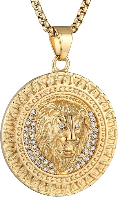AsAlways Large Lion Head Necklace for Men, with 22"+2" Rolo Chain