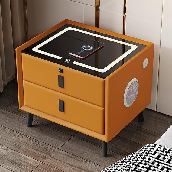Modern side table with fingerprint lock, home bedside table with stereo, smart nightstand with wireless charging, with usb interface, three-color lamp, suitable for bedroom, living room ( Color : Oran